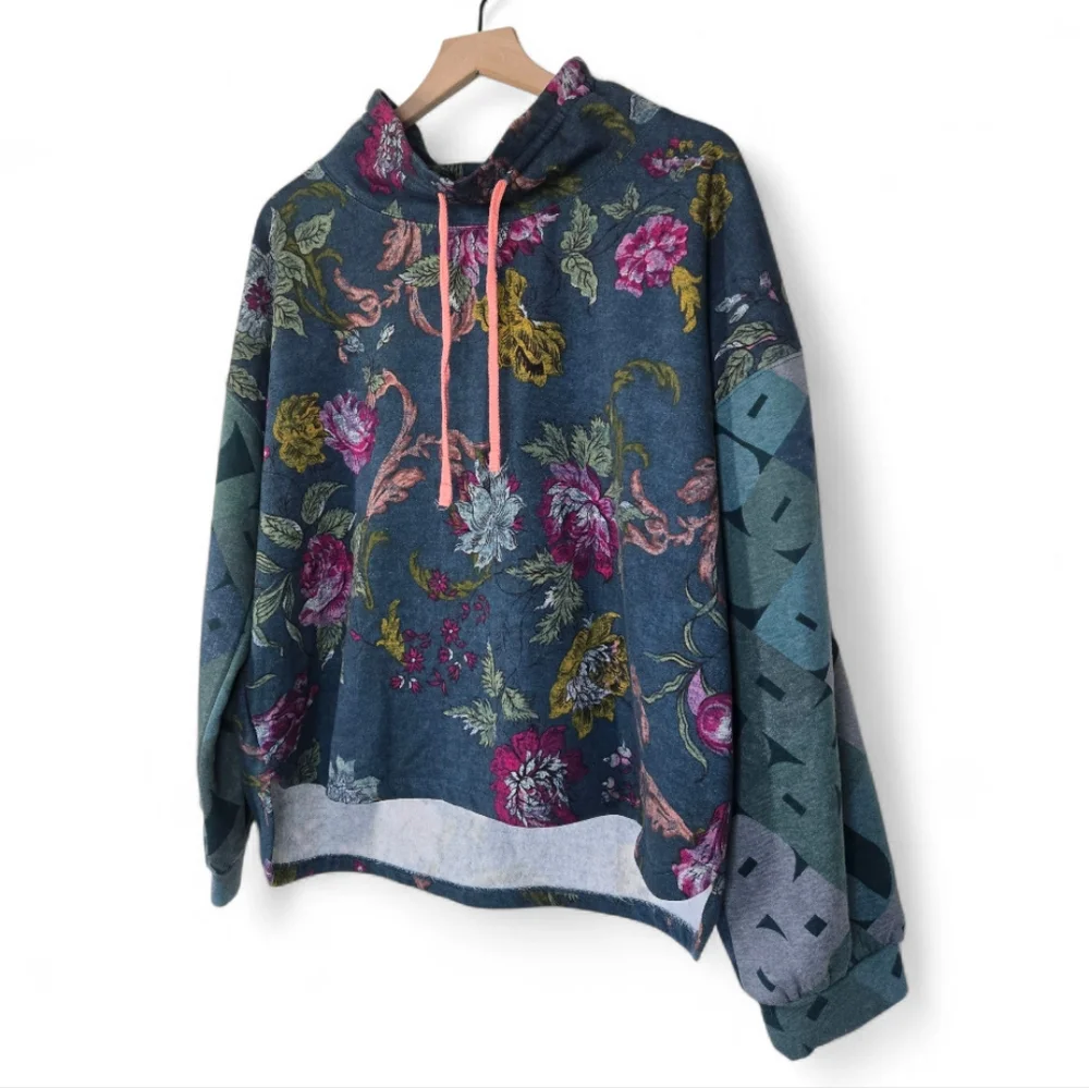 Daily Practice Floral Print Hoodie Sweatshirt Size Large Teal - Picture 3 of 6